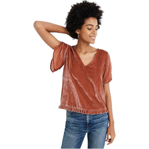 Madewell Women’s Flare Sleeve Orange Velvet Tulip-Sleeve Ruffle Top Size XXS - Picture 1 of 8